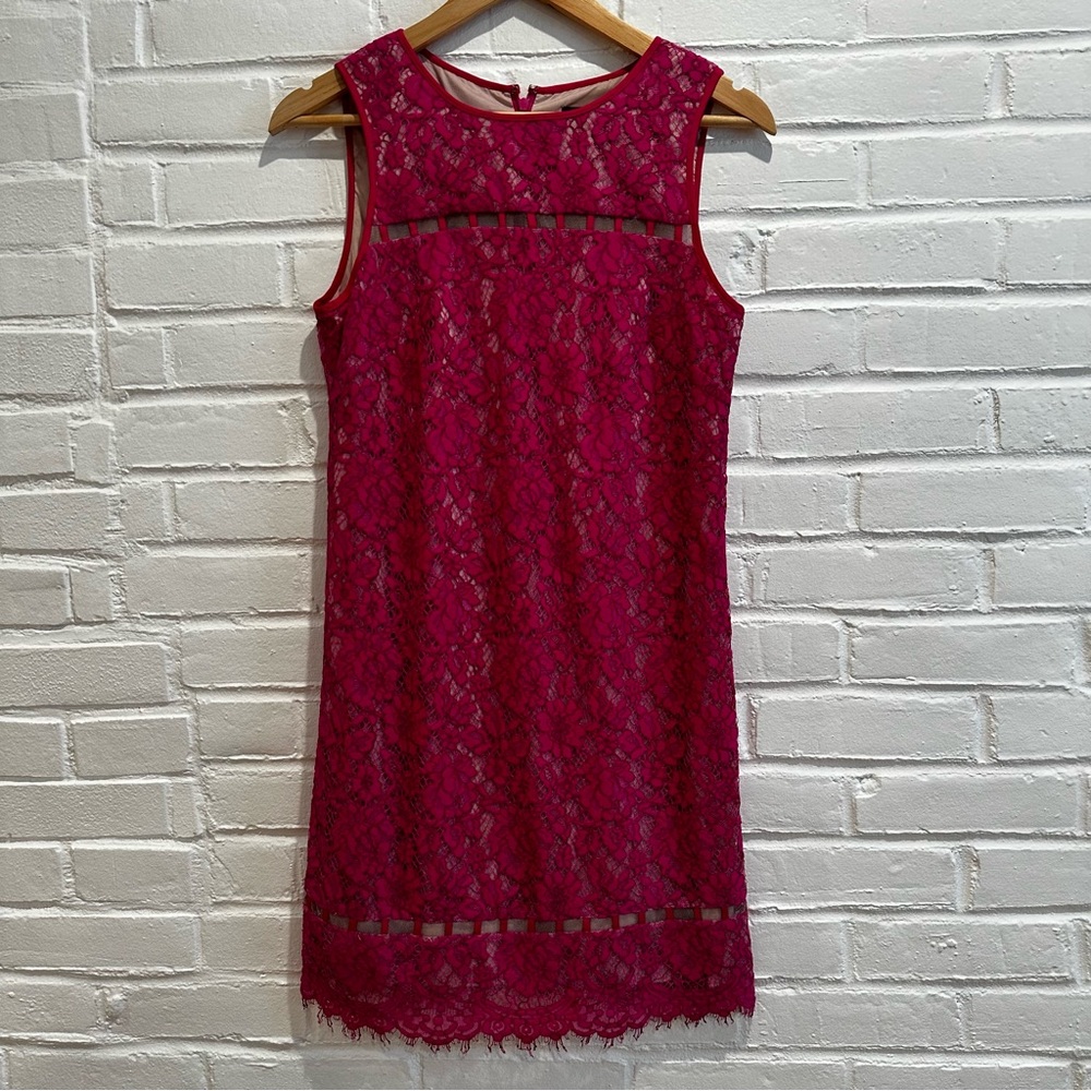 ADRIANNA PAPELL Pink Bright Fuchsia Lace Sleeveless Short Mini Dress siz…